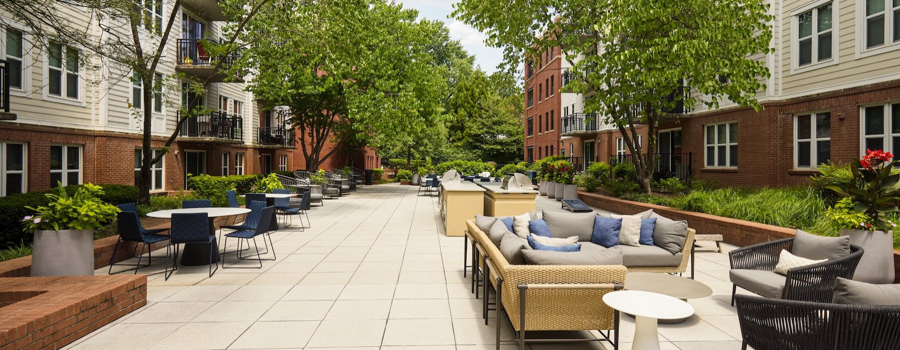a courtyard with trees, couches, chairs and tables